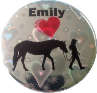 Button Pferd mit Namen Hologramm Effekt rotes Herz - zum Schließen ins Bild klicken